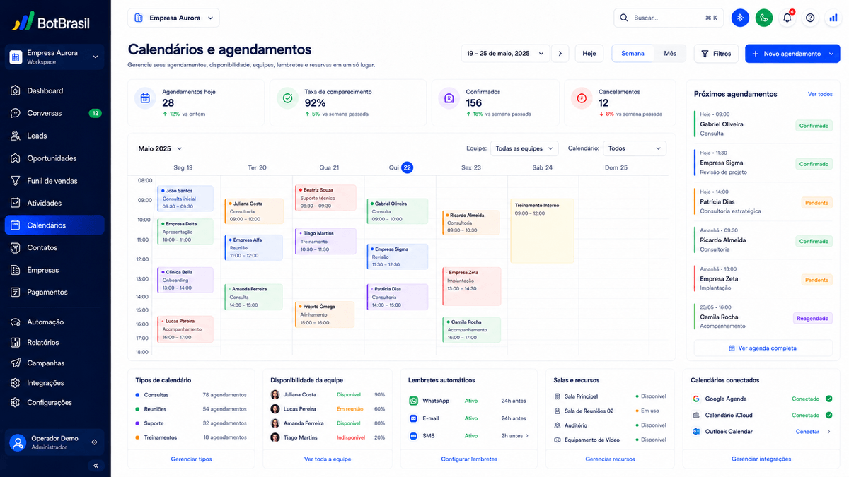 Calendário de agendamento online da BotBrasil com horários disponíveis e confirmação automática — BotBrasil para consultores