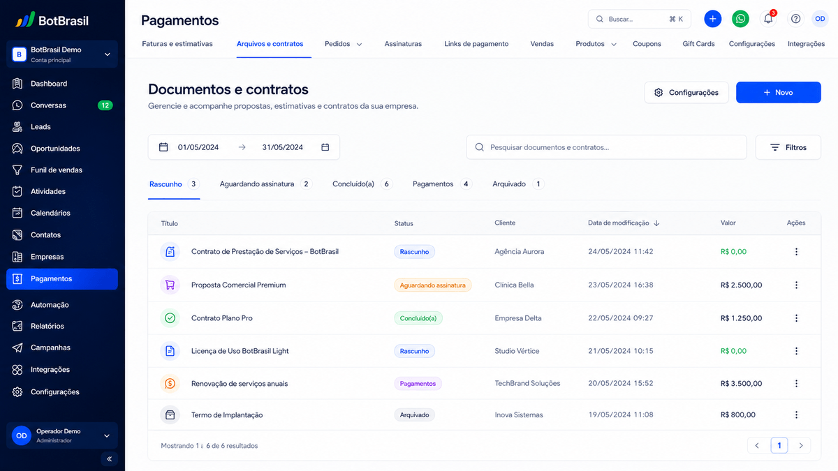 Contratos com assinatura digital e fluxo jurídico — BotBrasil para consultores