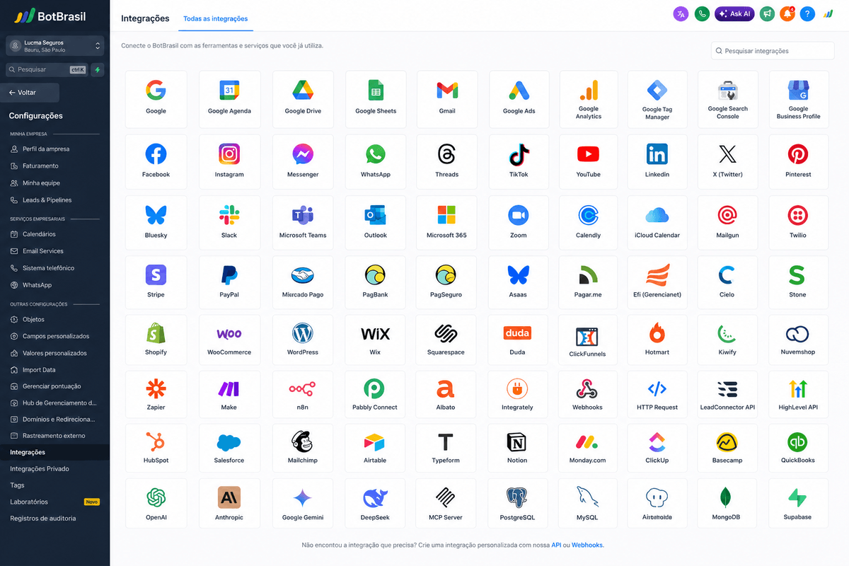 Integrações nativas via API com CRMs, ERPs e marketplaces — BotBrasil para consultores