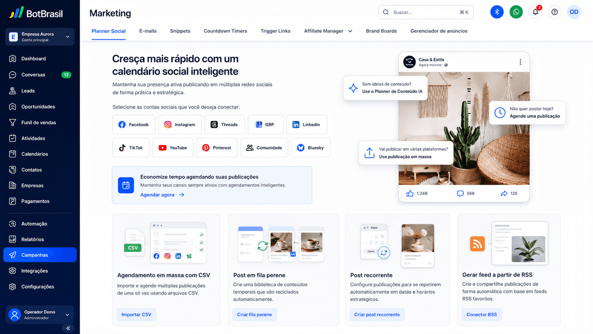 Painel de marketing da BotBrasil com gestão de redes sociais, campanhas e relatórios de conversão — BotBrasil para consultores