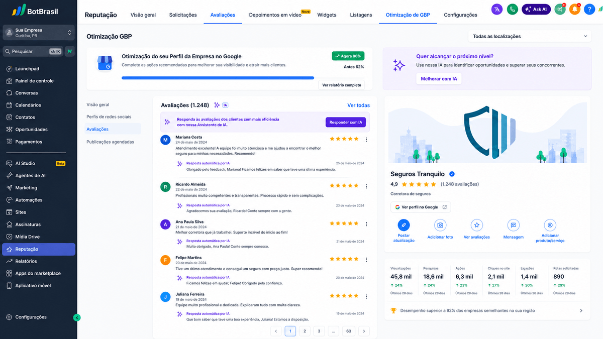 Painel de reputação online da BotBrasil com avaliações do Google, NPS e respostas automáticas — BotBrasil para consultores